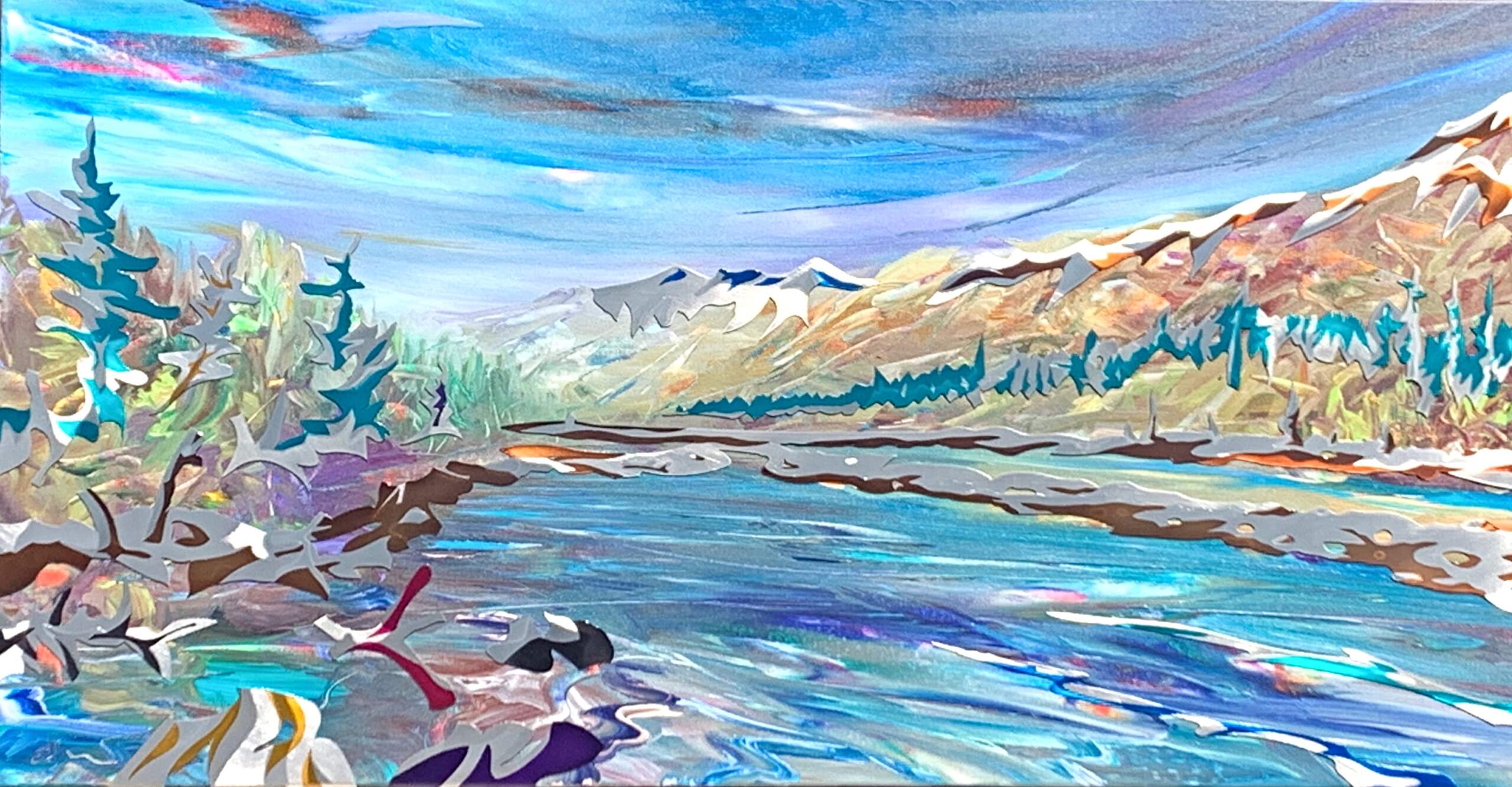 Summer Range, original mixed media acrylic and stainless steel painting of Vermillion Crossing by Canadian artist Joel Masewich at Effusion Art Gallery in Invermere, BC.