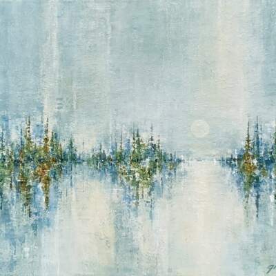 Spaces Between, original acrylic full moon landscape painting by Canadian artist Gina Sarro at Effusion Art Gallery in Invermere, BC.