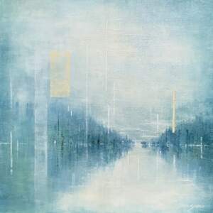 Tranquility, original acrylic misty landscape painting by Canadian artist Gina Sarro at Effusion Art Gallery in Invermere, BC.