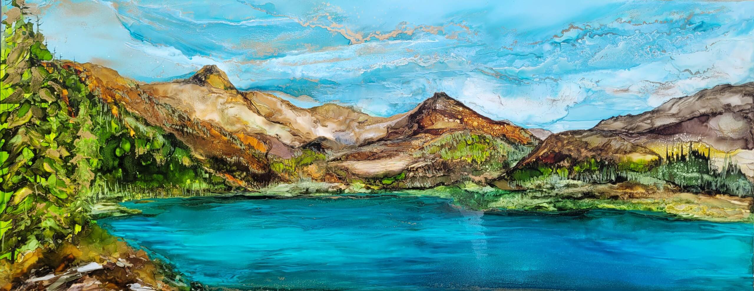 Awakening Within, original alcohol ink landscape painting of Lake O'Hara by Canadian artist Paulina Tokarski at Effusion Art Gallery in Invermere, BC