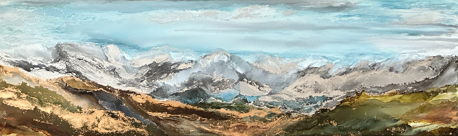 Borderless, original alcohol ink mountain landscape painting by Paulina Tokarski at Effusion Art Gallery in Invermere, BC