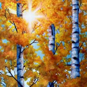 Original acrylic painting of sunshine peeking through golden birch trees on a clear autumn day by Melissa Jean.