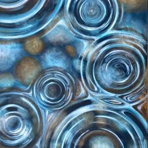 Original acrylic painting of raindrops falling into a clear lake with smooth, colorful rocks at the bottom by Melissa Jean.