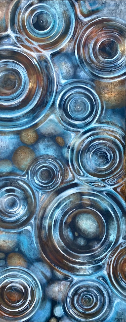 Ripple Effect, original acrylic raindrops in the lake painting by Melissa Jean at Effusion Art Gallery in Invermere, BC.