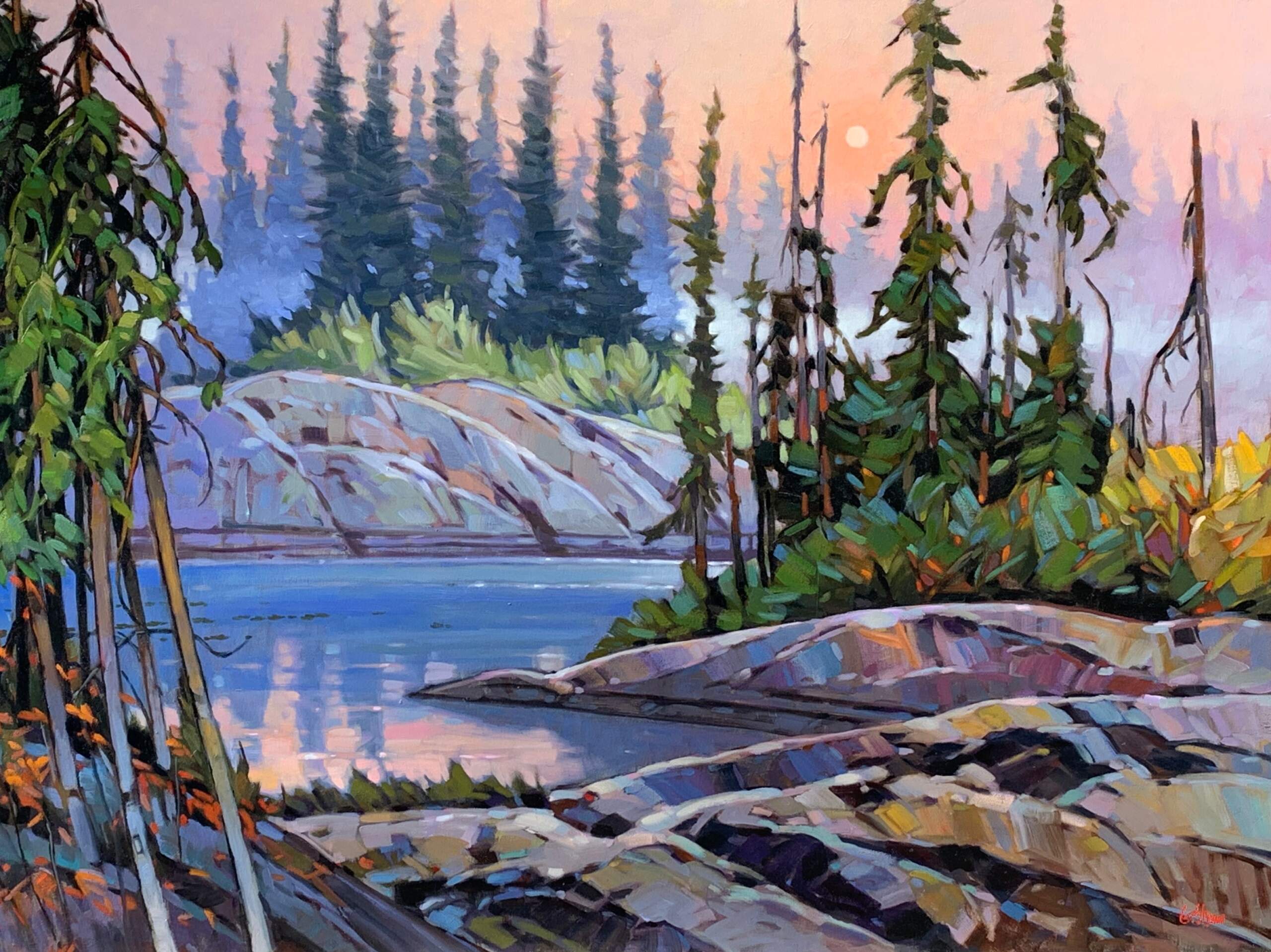 North Woods, original oil mountain sunset landscape painting by Canadian artist Graeme Shaw at Effusion Art Gallery in Invermere, BC.
