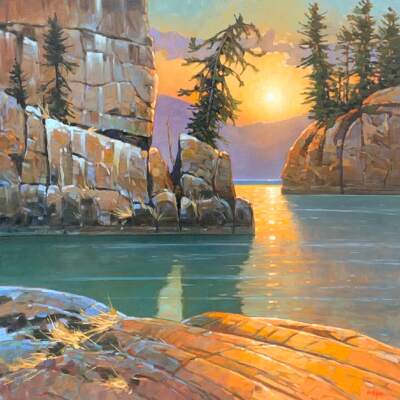 Sundown - Princess Louisa Inlet Motif, original oil sunset landscape painting by Canadian artist Graeme Shaw at Effusion Art Gallery in Invermere, BC.