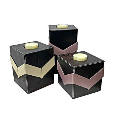 Classic Chevron, Set of 3 one-of-a-kind reclaimed steel candle holders in millennial pink and cream by metal artist Wendy Stone at Effusion Art Gallery in Invermere, BC.