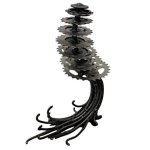 Ever Gear Tree 1, reclaimed steel windswept tree sculpture by metal artist Wendy Stone at Effusion Art Gallery in Invermere, BC.