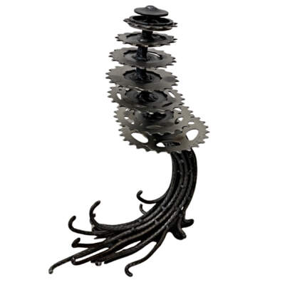 Ever Gear Tree 1, reclaimed steel windswept tree sculpture by metal artist Wendy Stone at Effusion Art Gallery in Invermere, BC.
