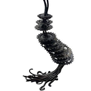 Ever Gear Tree 2, reclaimed steel windswept tree sculpture by metal artist Wendy Stone at Effusion Art Gallery in Invermere, BC.