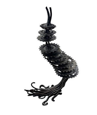 Ever Gear Tree 2, reclaimed steel windswept tree sculpture by metal artist Wendy Stone at Effusion Art Gallery in Invermere, BC.