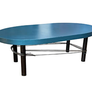Lakeside Coffee Table, one-of-a-kind reclaimed steel coffee table with a satin blue top by metal artist Wendy Stone at Effusion Art Gallery in Invermere, BC.
