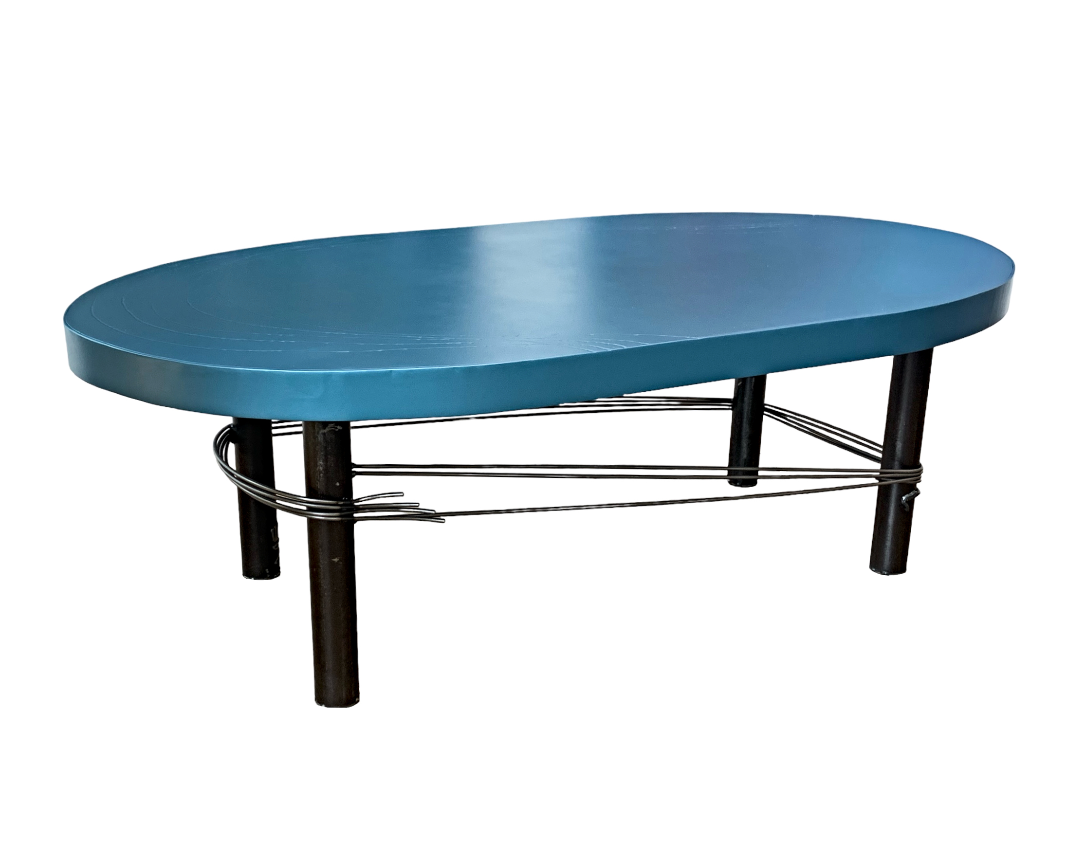 Lakeside Coffee Table, one-of-a-kind reclaimed steel coffee table with a satin blue top by metal artist Wendy Stone at Effusion Art Gallery in Invermere, BC.