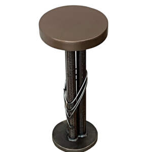 Root Beer Float 2, one-of-a-kind reclaimed steel side table with a satin bronze top by metal artist Wendy Stone at Effusion Art Gallery in Invermere, BC.