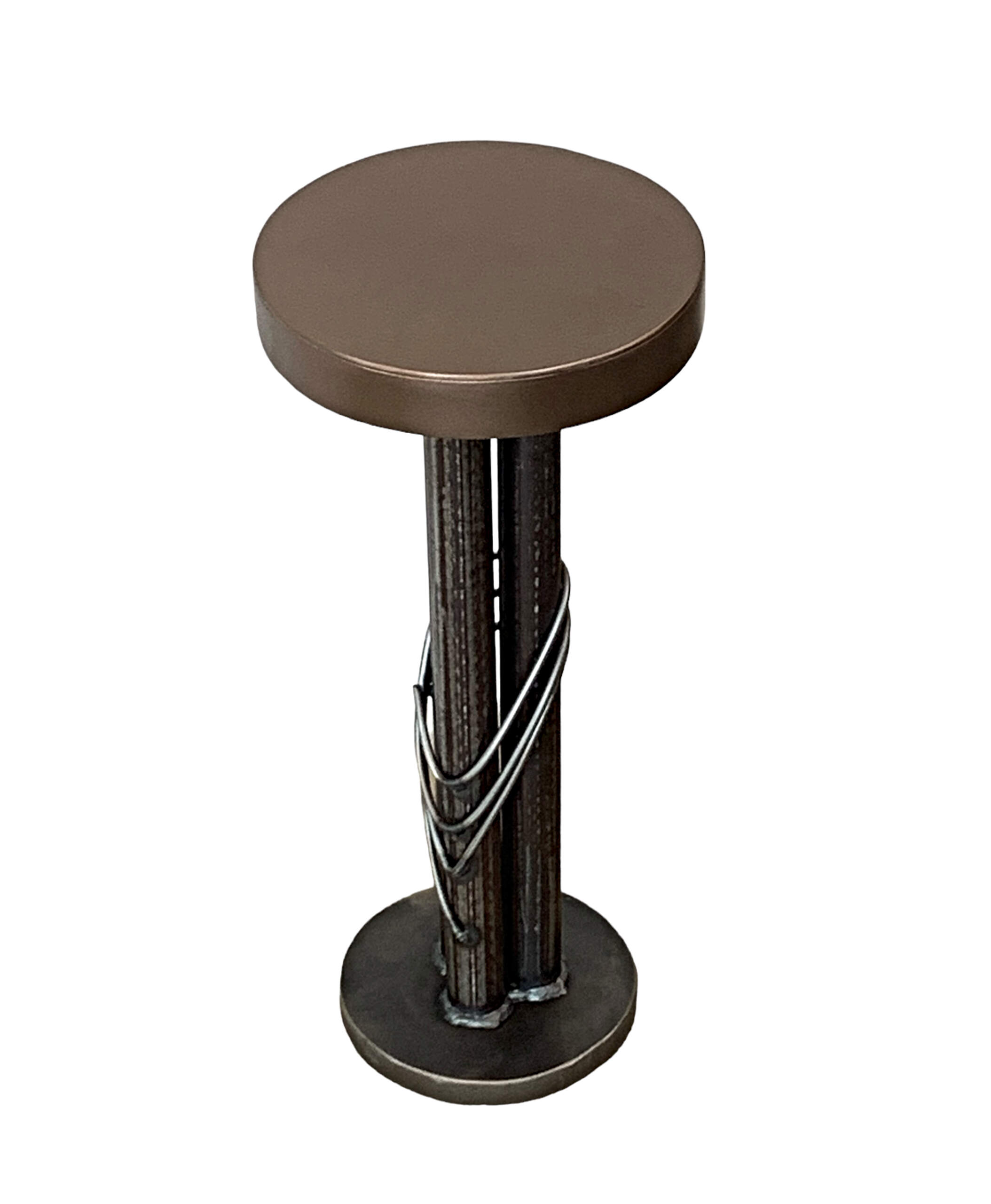 Root Beer Float 2, one-of-a-kind reclaimed steel side table with a satin bronze top by metal artist Wendy Stone at Effusion Art Gallery in Invermere, BC.