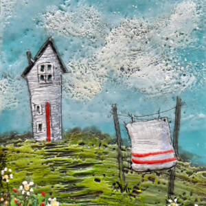 55 Rainbow Road, original encaustic farmhouse painting by Brenda Walker at Effusion Art Gallery in Invermere, BC.