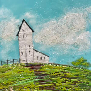 66 Rainbow Road, original encaustic farmhouse painting by Brenda Walker at Effusion Art Gallery in Invermere, BC.