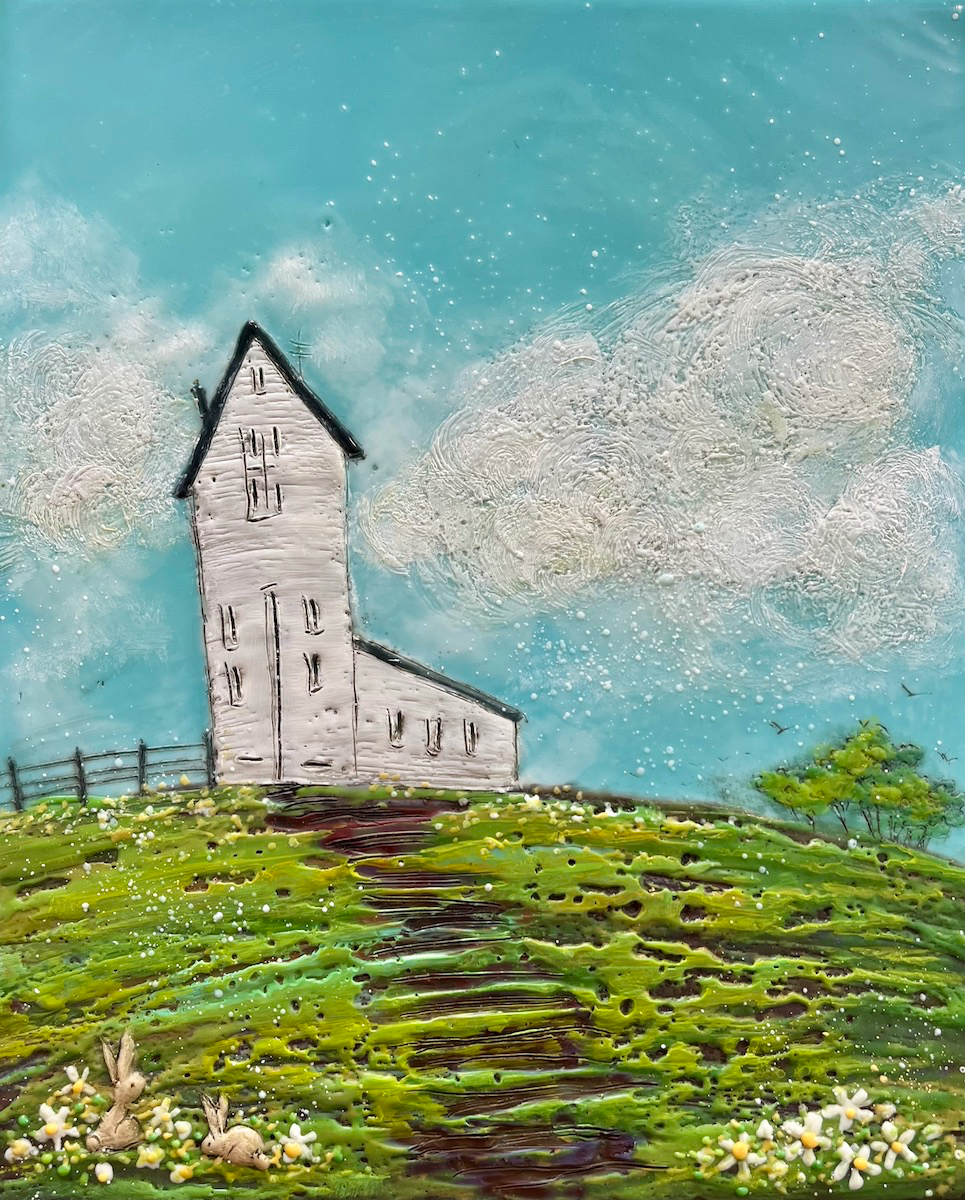 66 Rainbow Road, original encaustic farmhouse painting by Brenda Walker at Effusion Art Gallery in Invermere, BC.