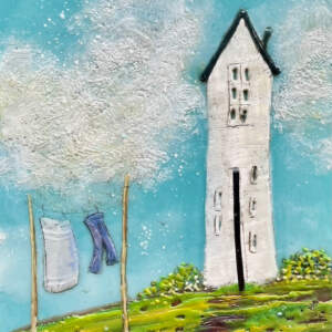 67 Rainbow Road, original encaustic farmhouse painting by Brenda Walker at Effusion Art Gallery in Invermere, BC.