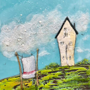 77 Rainbow Road, original encaustic farmhouse painting by Brenda Walker at Effusion Art Gallery in Invermere, BC.