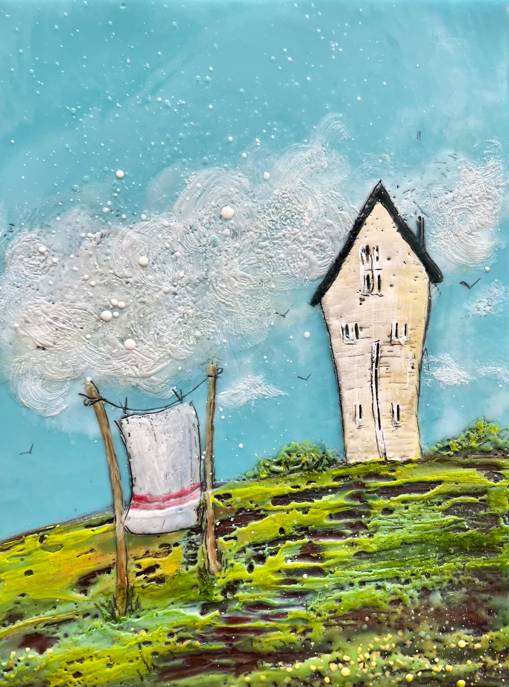 77 Rainbow Road, original encaustic farmhouse painting by Brenda Walker at Effusion Art Gallery in Invermere, BC.