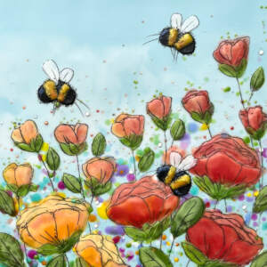 Just Bee 153, original encaustic bees and yellow and red flowers by Brenda Walker at Effusion Art Gallery in Invermere, BC.
