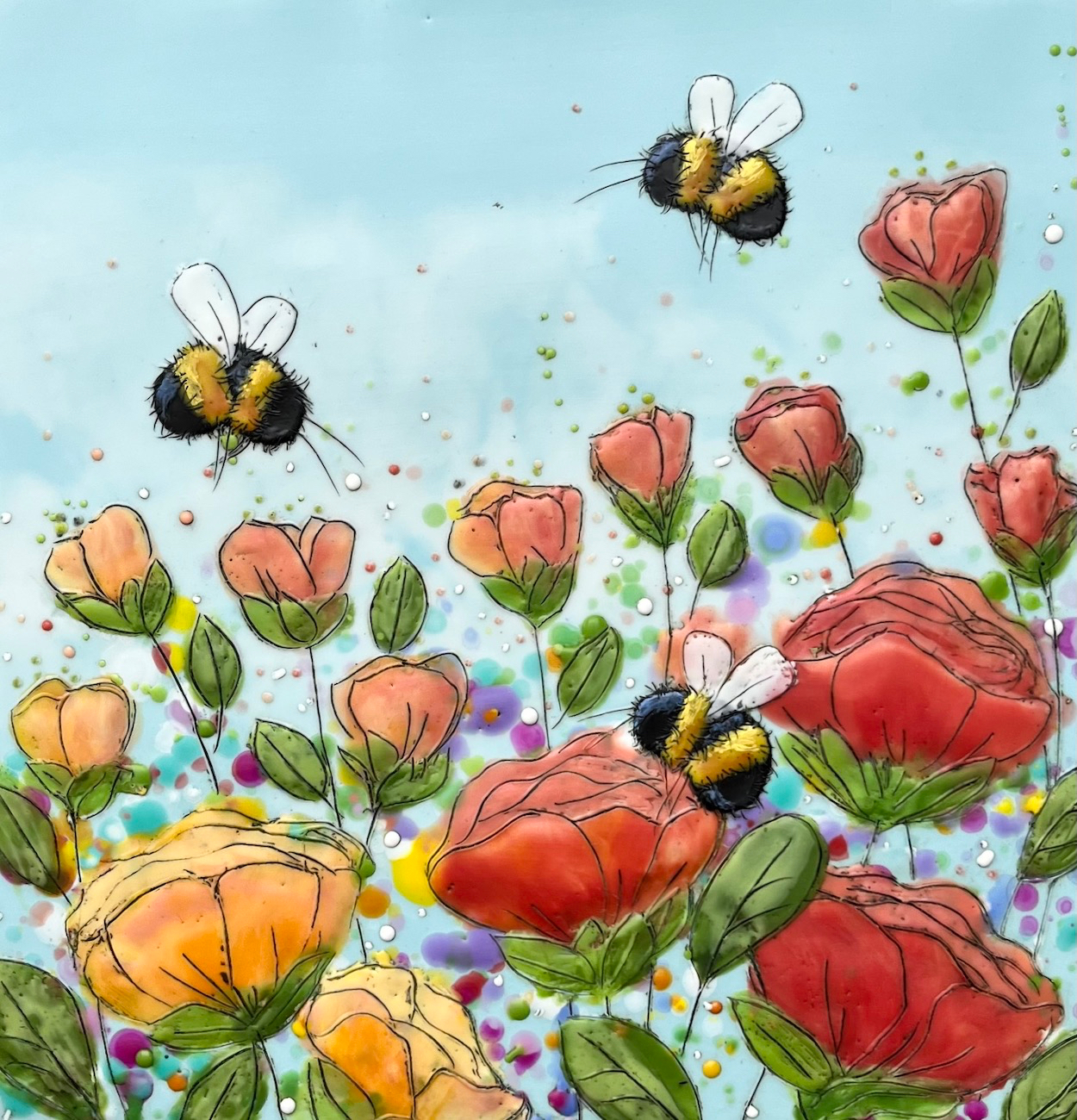 Just Bee 153, original encaustic bees and yellow and red flowers by Brenda Walker at Effusion Art Gallery in Invermere, BC.
