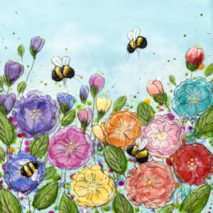 Just Bee 154, original encaustic bees and flowers by Brenda Walker at Effusion Art Gallery in Invermere, BC.