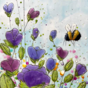 Just Bee 155, original encaustic bees and purple flowers by Brenda Walker at Effusion Art Gallery in Invermere, BC