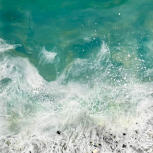 West Coast 16, original encaustic and rock beach painting of turquoise water by Brenda Walker at Effusion Art Gallery in Invermere, BC.