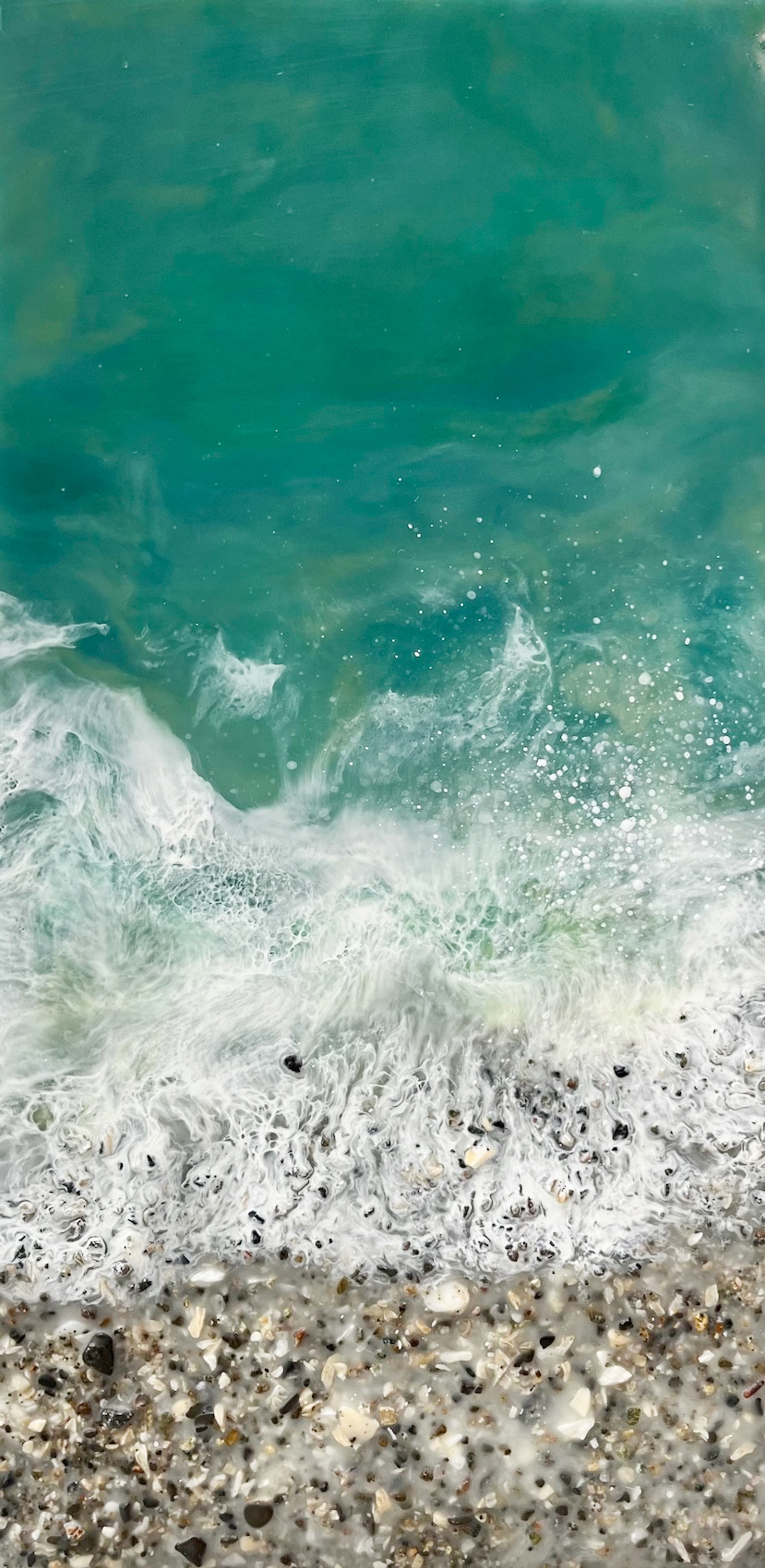 West Coast 16, original encaustic and rock beach painting of turquoise water by Brenda Walker at Effusion Art Gallery in Invermere, BC.