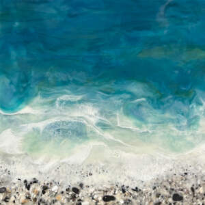 West Coast 235, original encaustic and rock beach painting of turquoise water by Brenda Walker at Effusion Art Gallery in Invermere, BC.