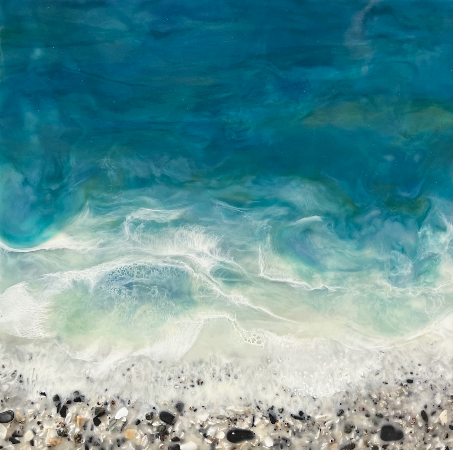 West Coast 235, original encaustic and rock beach painting of turquoise water by Brenda Walker at Effusion Art Gallery in Invermere, BC.
