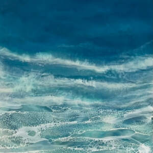 Original encaustic and rock beach and blue water painting by Canadian artist Brenda Walker at Effusion Art Gallery in Invermere, BC.