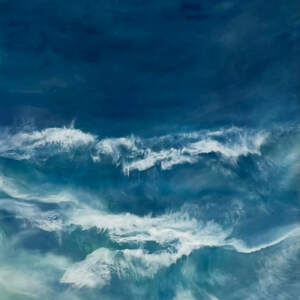 Original encaustic and rock beach and blue water painting by Canadian artist Brenda Walker at Effusion Art Gallery in Invermere, BC.