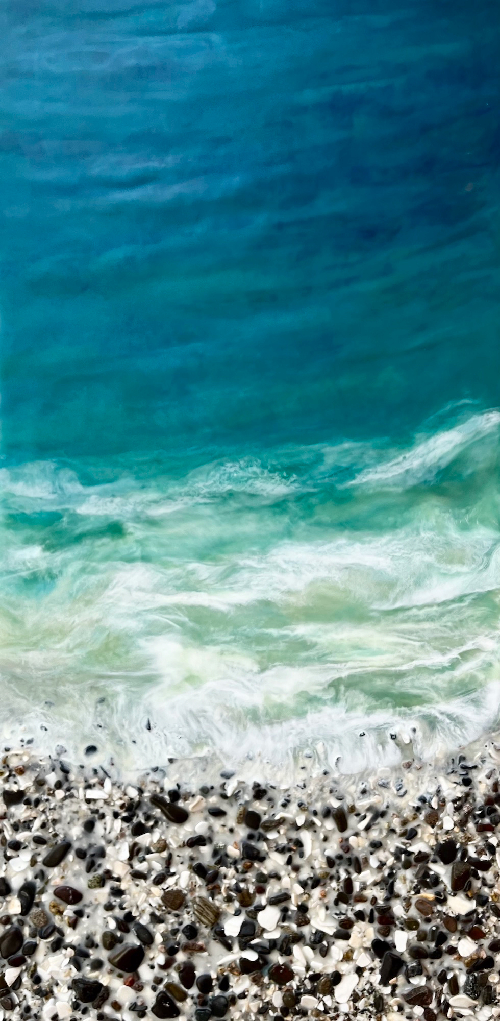 West Coast 317, original encaustic and rock beach painting of turquoise water by Brenda Walker at Effusion Art Gallery in Invermere, BC.