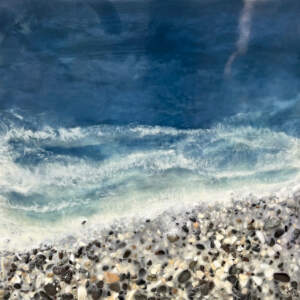 Original encaustic and rock beach and blue water painting by Canadian artist Brenda Walker at Effusion Art Gallery in Invermere, BC.