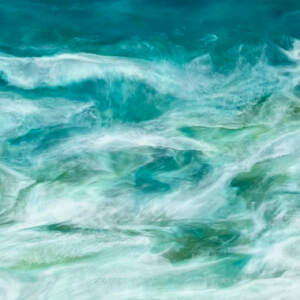 West Coast 445, original encaustic and rock beach painting of turquoise water by Brenda Walker at Effusion Art Gallery in Invermere, BC.