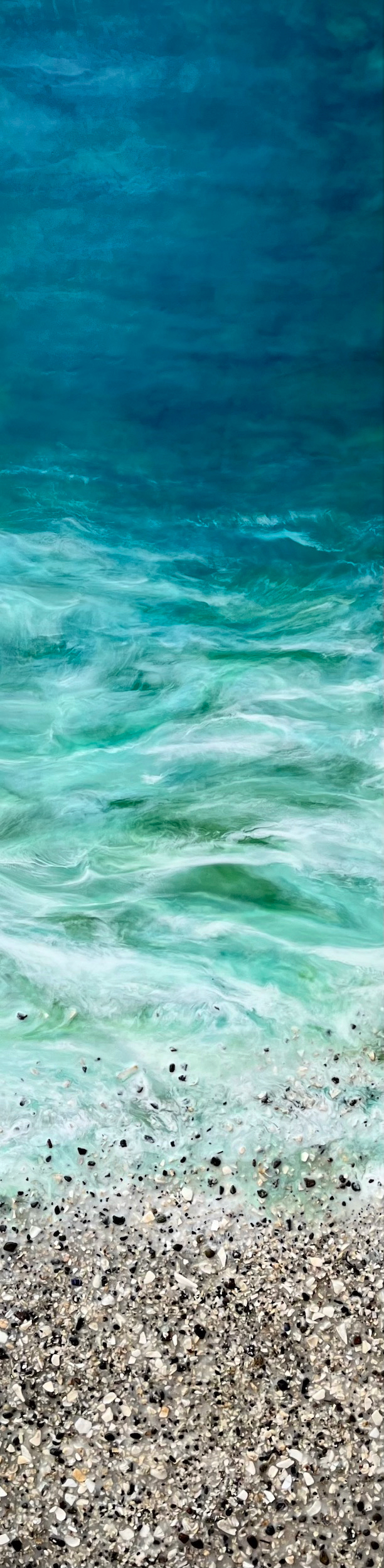 West Coast 446, original encaustic and rock beach painting of turquoise water by Brenda Walker at Effusion Art Gallery in Invermere, BC.