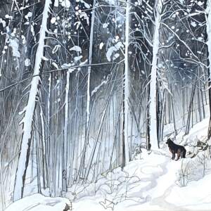 Original mixed media painting of a snowy winter landscape with a German shepherd dog looking into the trees by Michaela Hoppe.