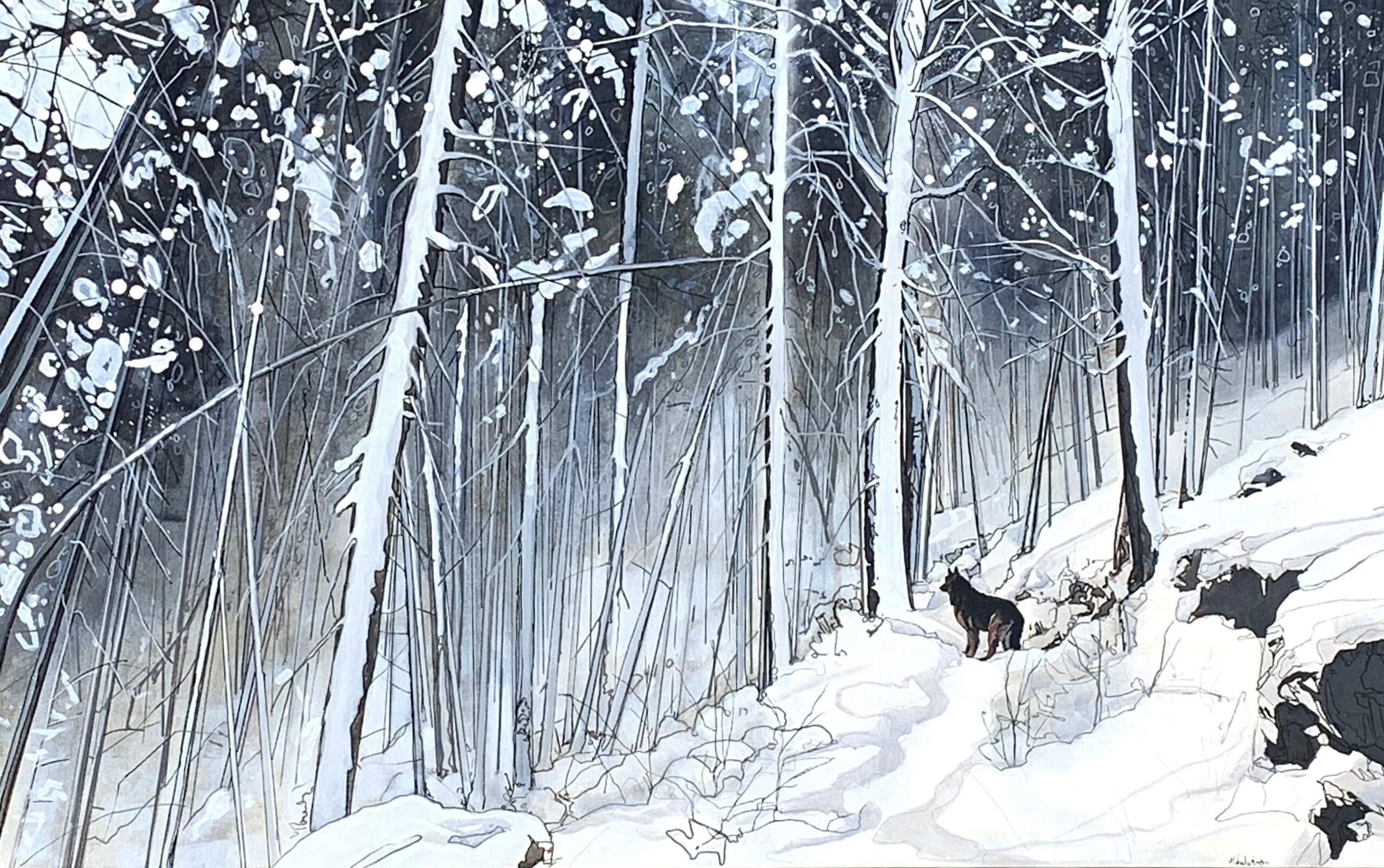 Parker, original mixed media landscape and German shepherd dog painting by Canadian artist Michaela Hoppe at Effusion Art Gallery in Invermere, BC.