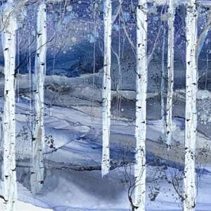 Moonlit Grove, original alcohol ink tree landscape painting by Canadian artist Paulina Tokarski at Effusion Art Gallery in Invermere, BC.