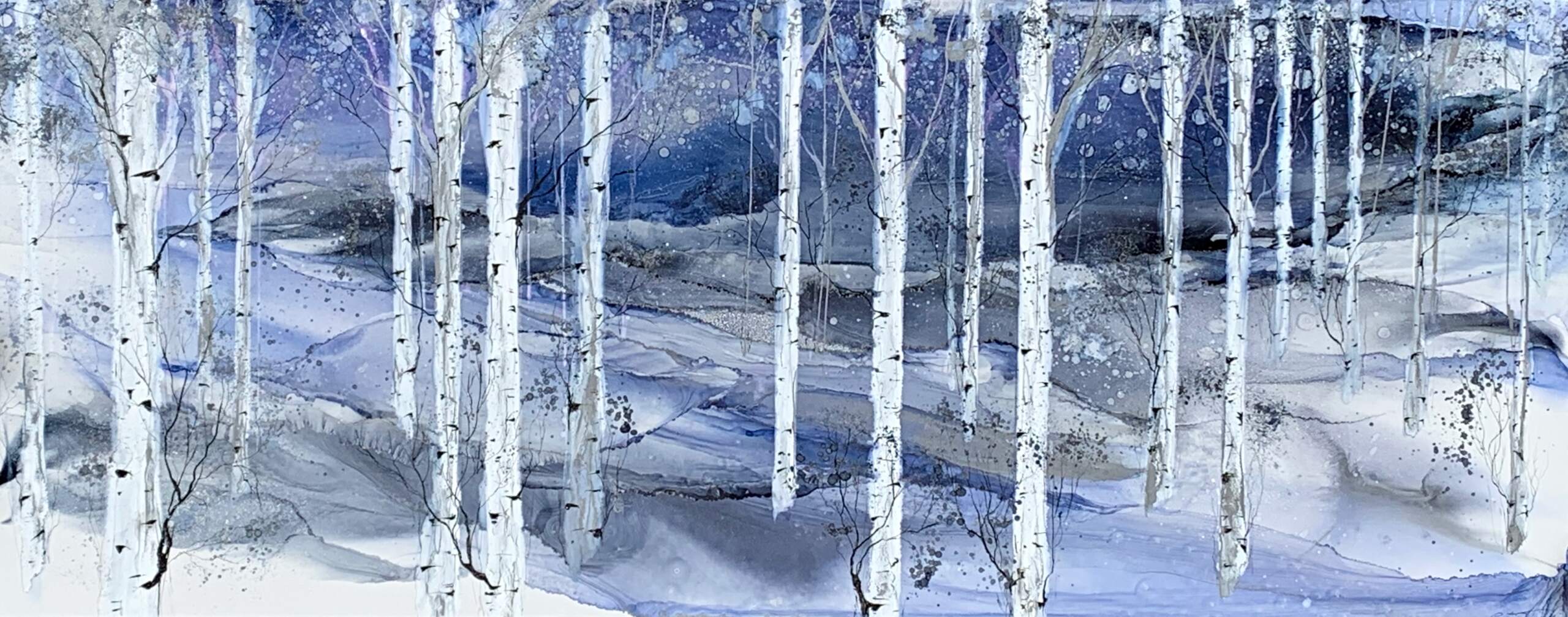 Moonlit Grove, original alcohol ink tree landscape painting by Canadian artist Paulina Tokarski at Effusion Art Gallery in Invermere, BC.