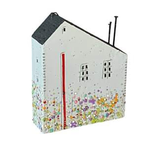 378 Scanda Street, original 3-D encaustic house painting by Canadian artist Brenda Walker at Effusion Art Gallery in Invermere, BC.