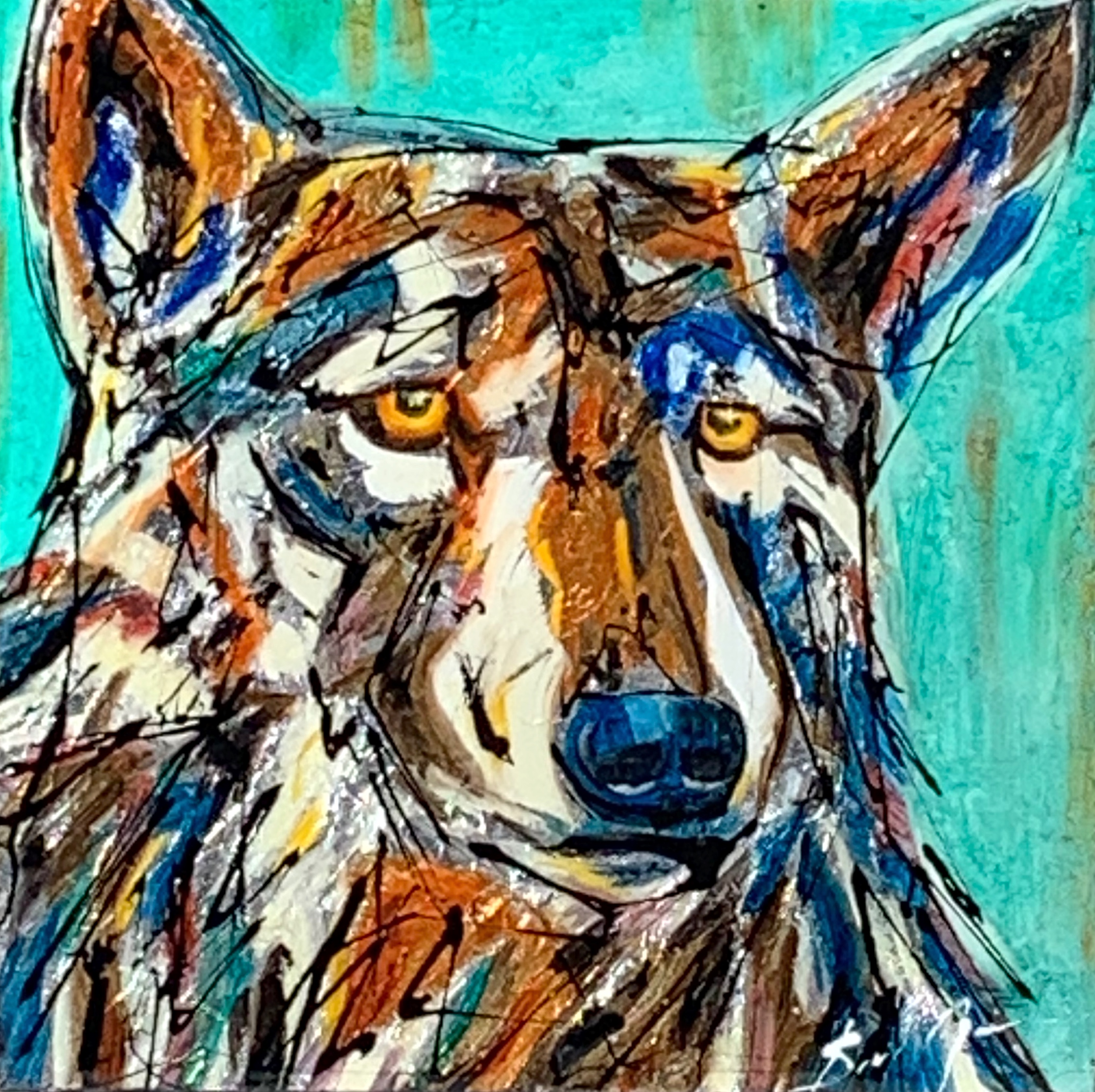 Already Connected, mixed media wolf painting by Canadian artist David Zimmerman at Effusion Art Gallery in Invermere, BC.