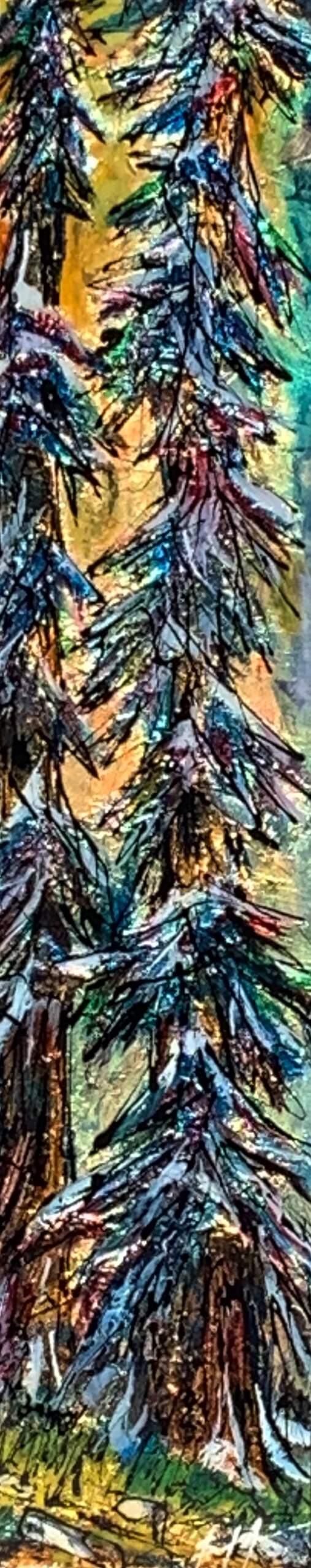 I See What You're Saying, mixed media tree painting by Canadian artist David Zimmerman at Effusion Art Gallery in Invermere, BC.