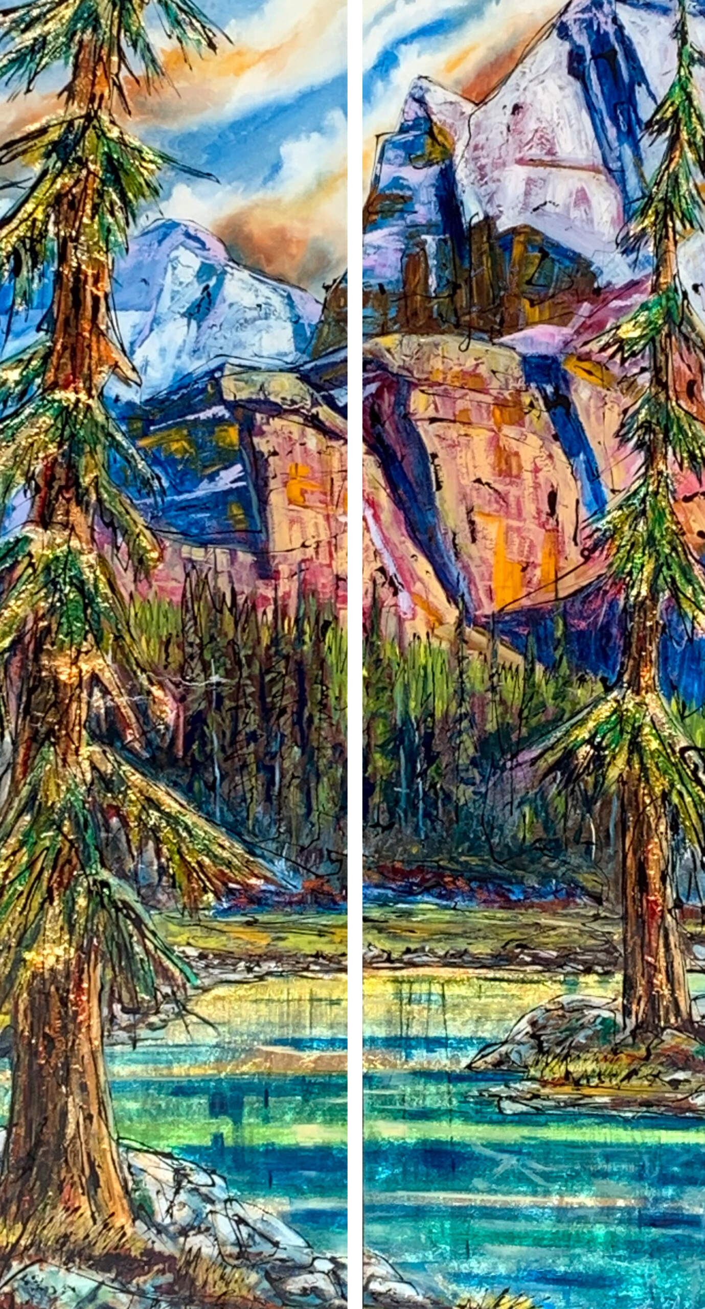Near the Water, original mixed media summer landscape painting of Lake O'Hara by Canadian artist David Zimmerman at Effusion Art Gallery in Invermere, BC.