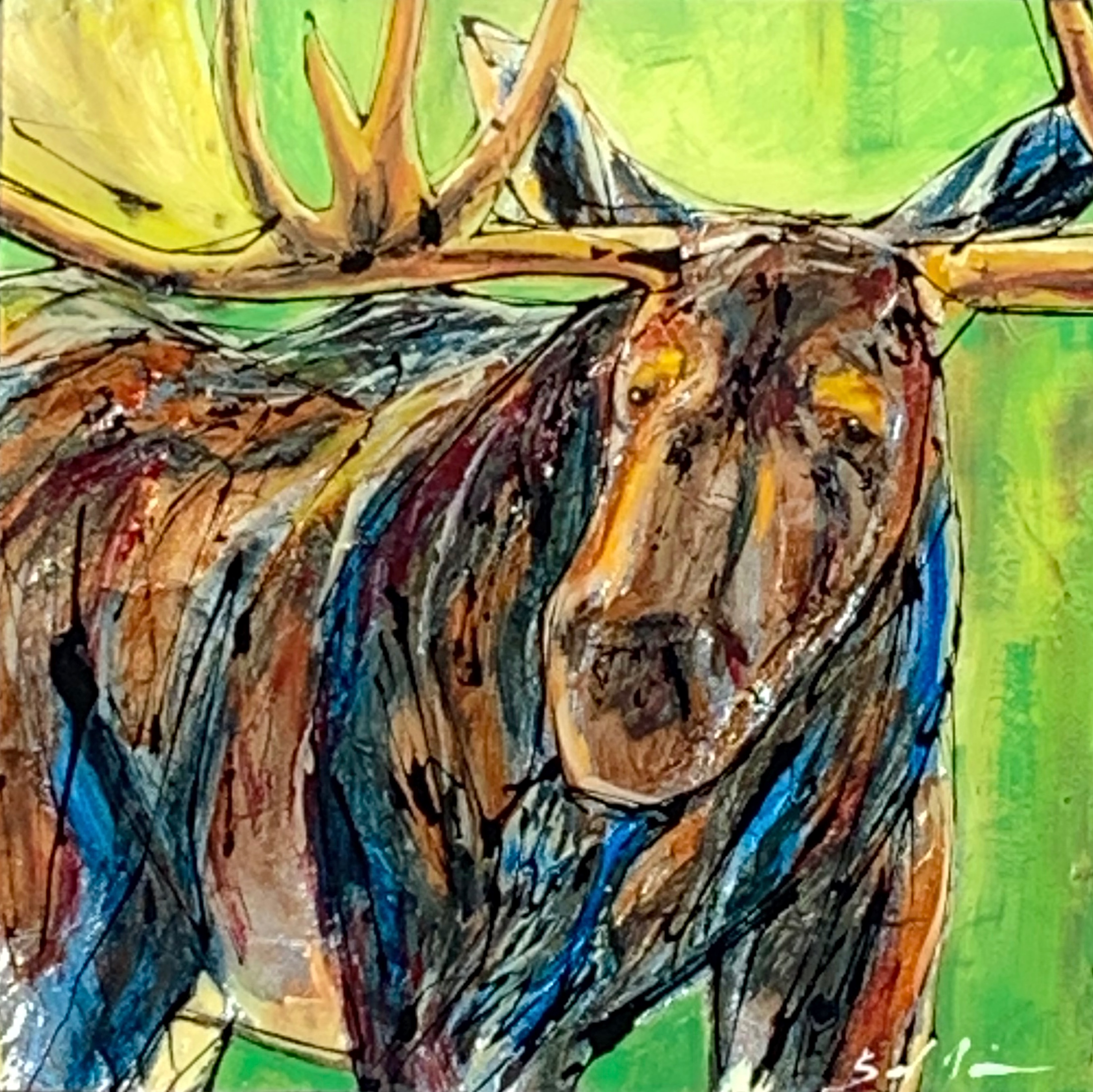 New Stories, mixed media moose painting by Canadian artist David Zimmerman at Effusion Art Gallery in Invermere, BC.