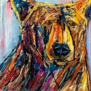 To Get a Sense, mixed media bear painting by Canadian artist David Zimmerman at Effusion Art Gallery in Invermere, BC.