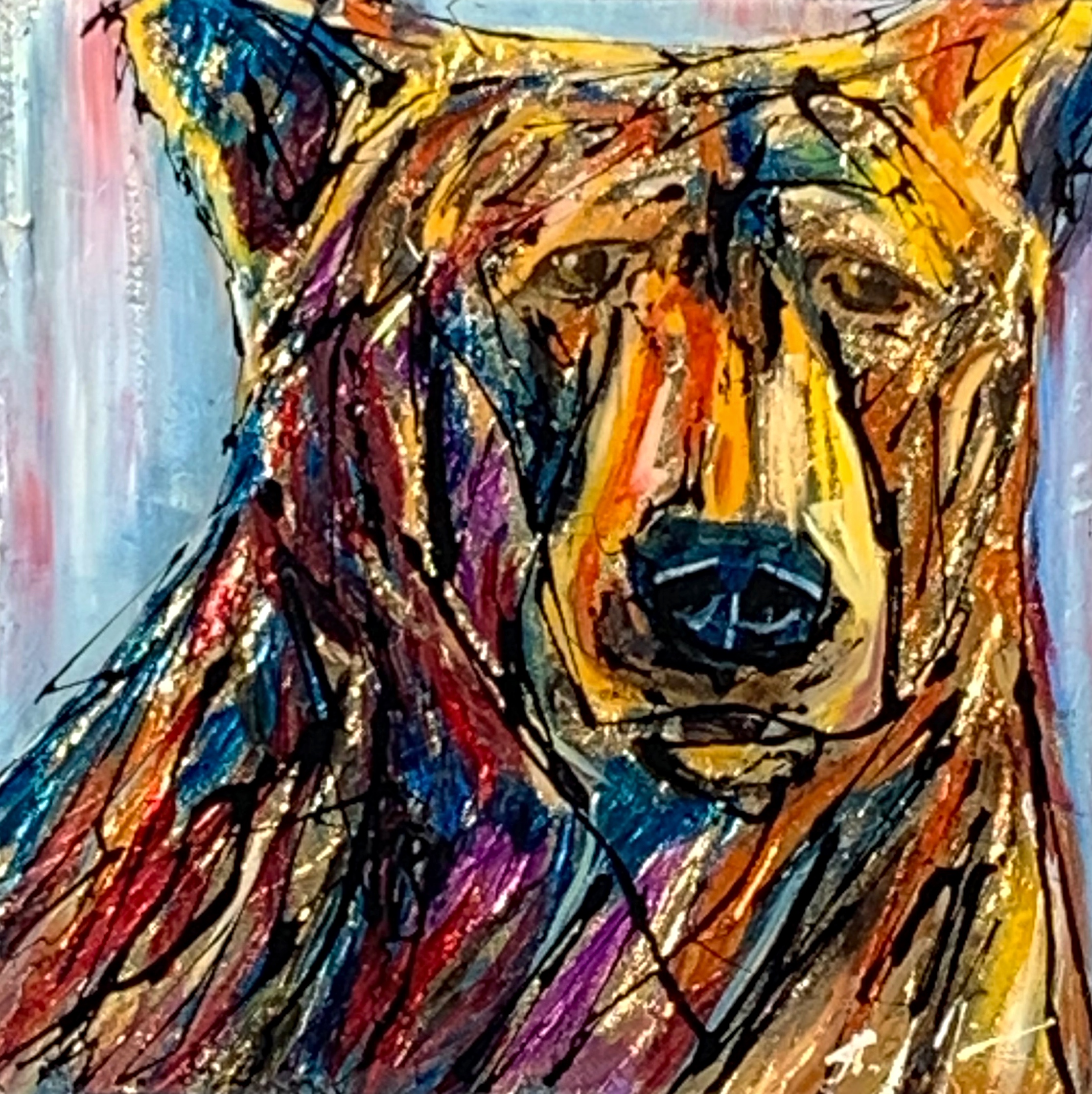 To Get a Sense, mixed media bear painting by Canadian artist David Zimmerman at Effusion Art Gallery in Invermere, BC.